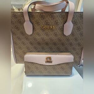 GUESS Satchel with Matching Wallet, pink and tan